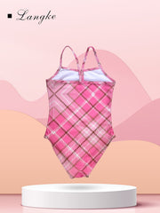 Girl's Plaid One piece Swimsuit & Cap Set Preppy Style Tankini Kids Clothes