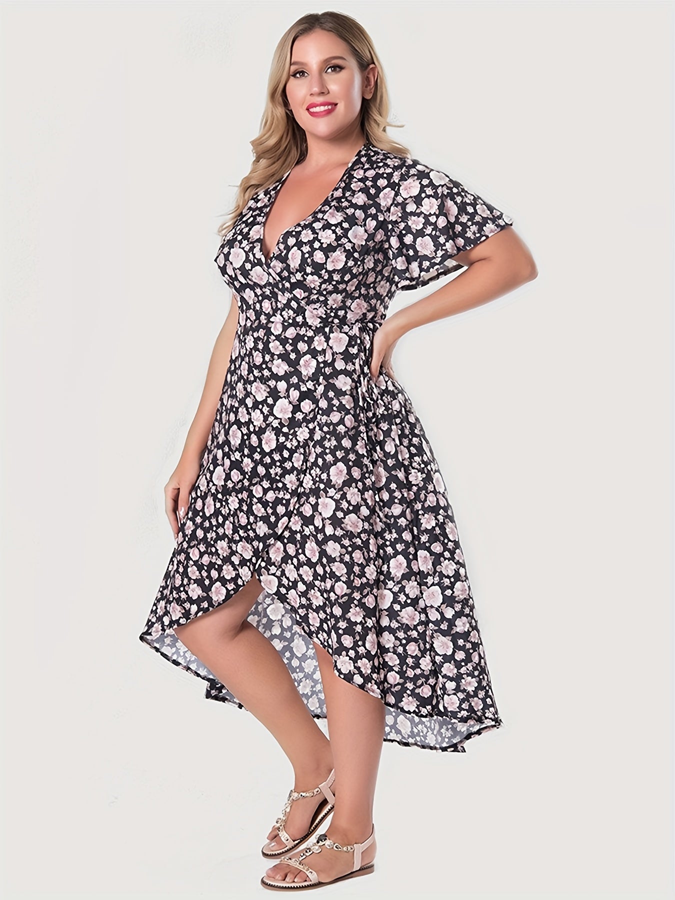 Floral Print Short Sleeve V Neck Layered Maxi Dress