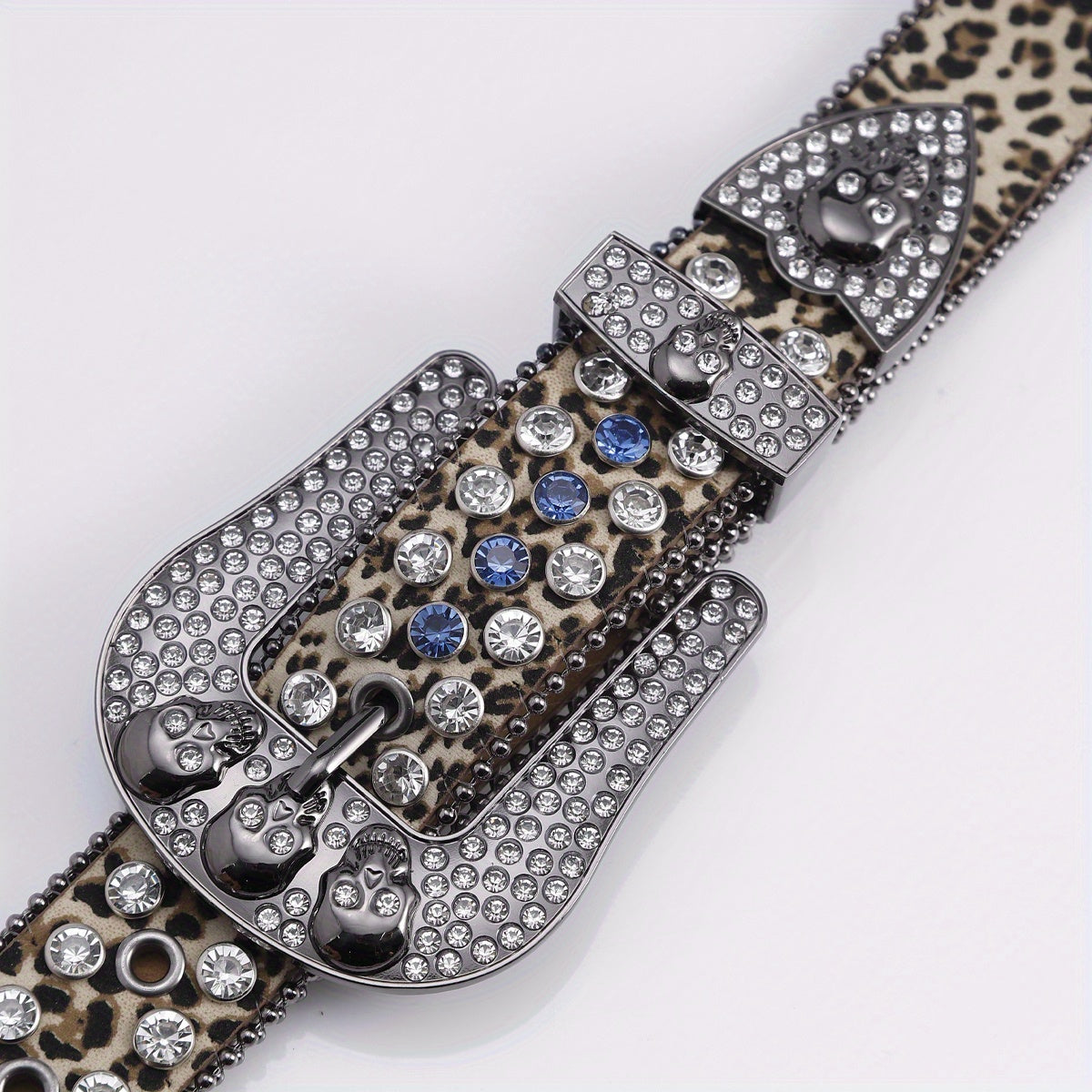 Leopard Skull Belt with Rhinestone Buckle Wide Waist Belt