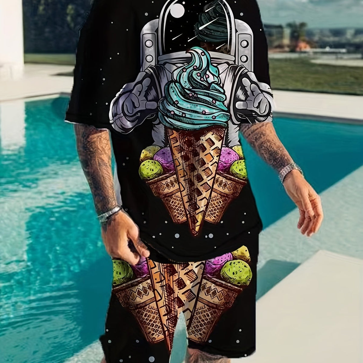 Men's Astronaut & Ice Cream Graphic T-shirt & Shorts Set