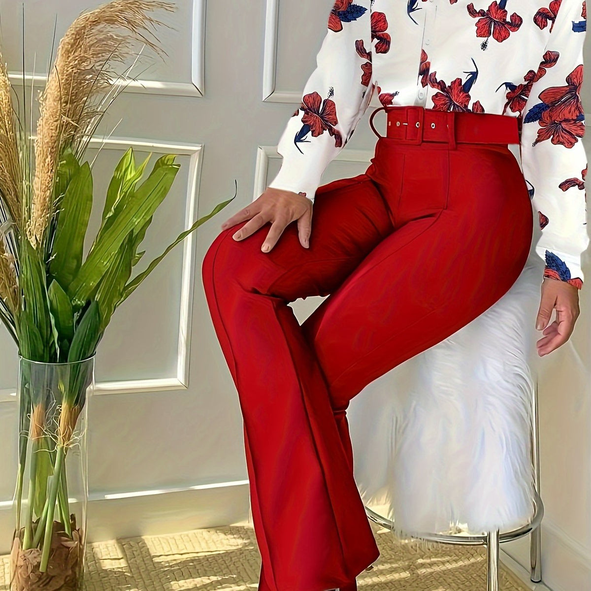 Floral Print Blouse & Wide Leg Pants Set Women's Casual Comfy Outfit