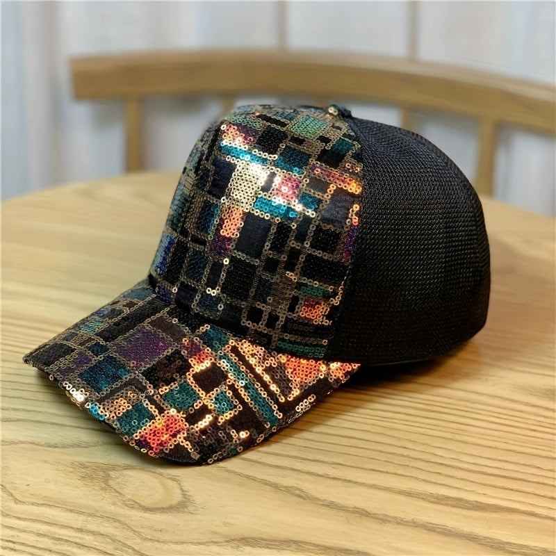 Plaid Sequins Baseball Cap Y2K Hip Hop Mesh Trucker Hat Unisex