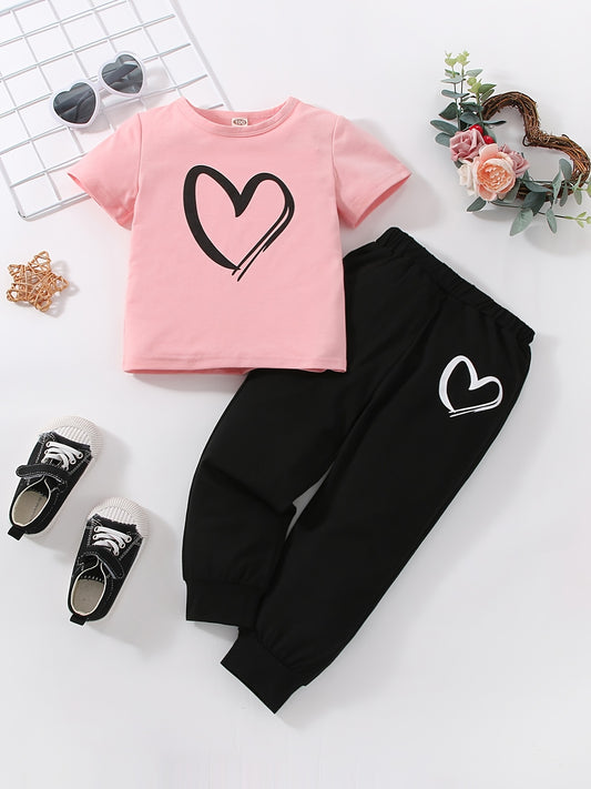 Girls Heart Print Short Sleeve T shirt & Sweatpants Set