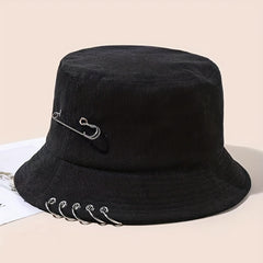 Unisex Hip Hop Bucket Hat Pin Brooch Decor Solid Cotton Basin Hat