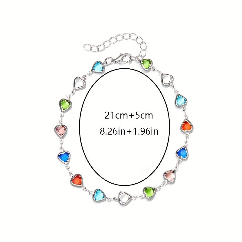 Colorful Faux Crystal Chain Anklet Love Heart Silver Plated Ankle Bracelet
