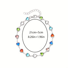 Colorful Faux Crystal Chain Anklet Love Heart Silver Plated Ankle Bracelet
