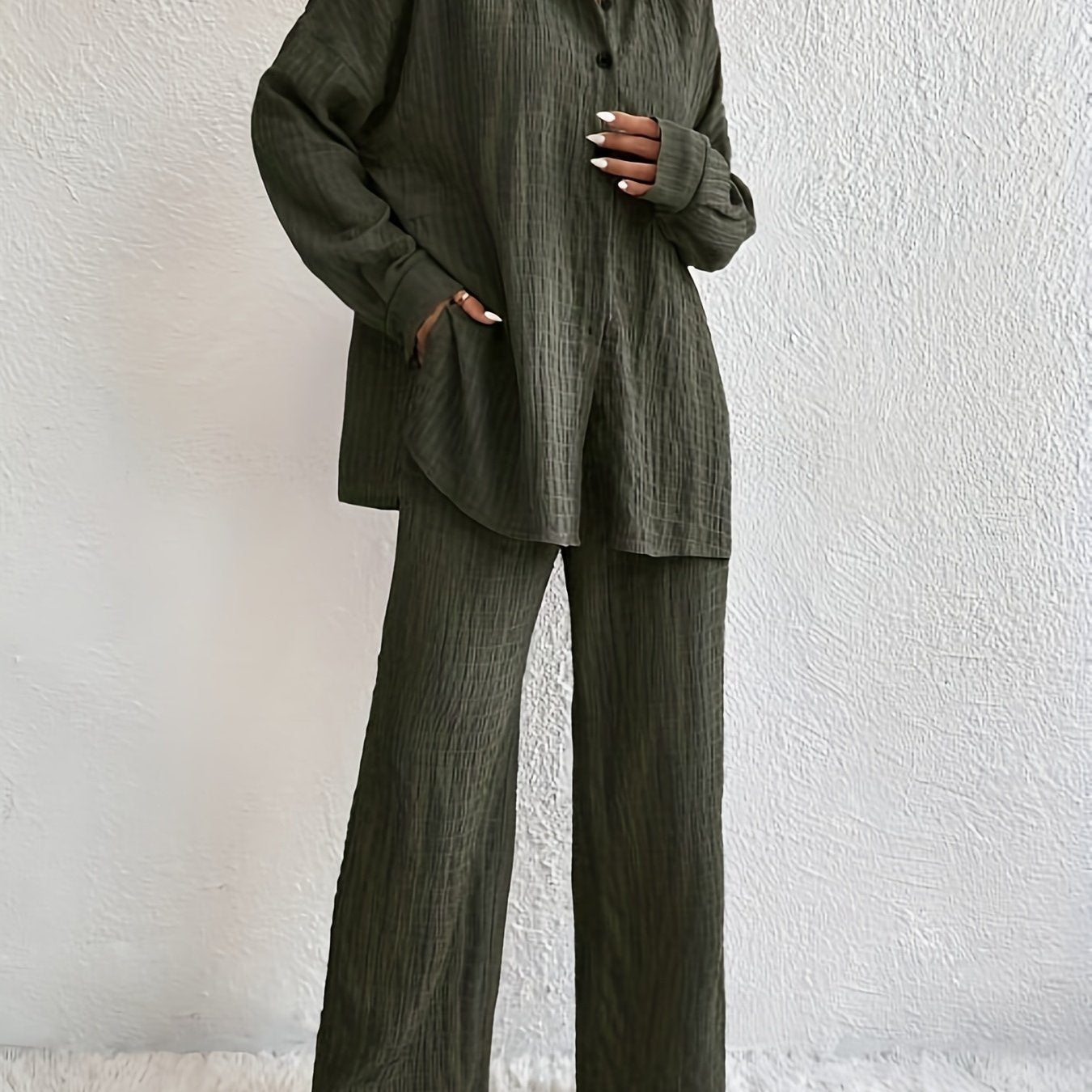  Solid Button-Up Long Sleeve Blouse & Wide Leg Pants Set