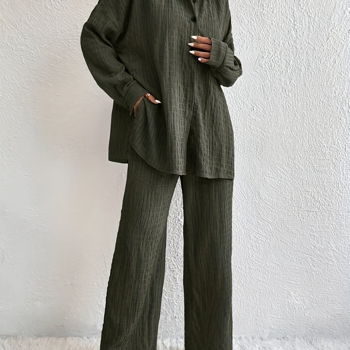  Solid Button-Up Long Sleeve Blouse & Wide Leg Pants Set