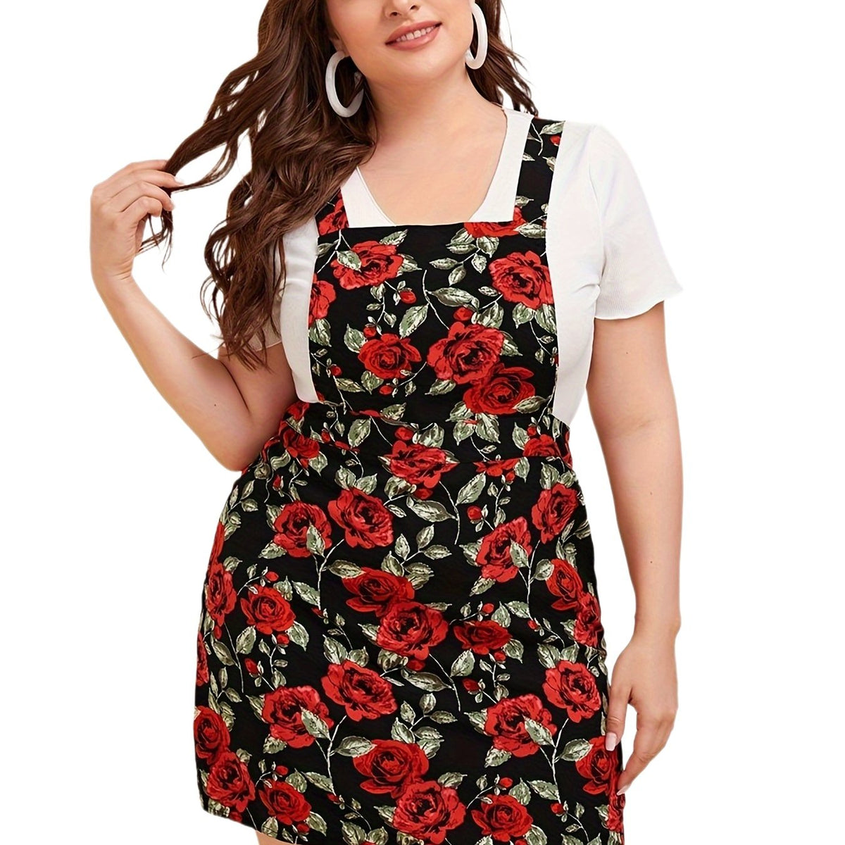  Allover Rose Print Square Neck Mini Overall Dress