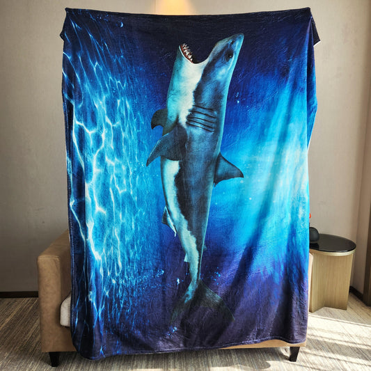 1pc Flannel Blanket Deep Sea Shark Print for Camping & Home Use