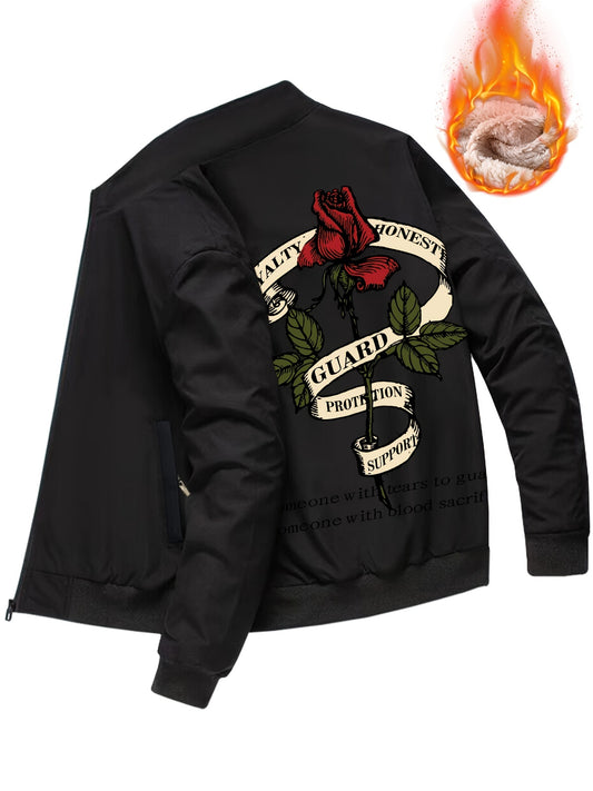 Men's Rose Print Fleece Zip Up Jacket Thermal Outerwear For Winter