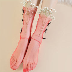 Bow Decor Mesh Socks Sheer Stockings Women's Hosiery