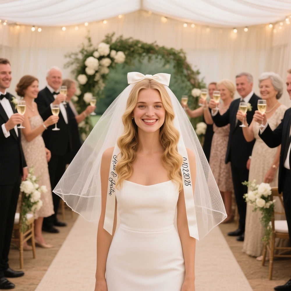 Custom Name & Date Bridal Veil with Sheer Bow Accent