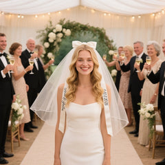 Custom Name & Date Bridal Veil with Sheer Bow Accent