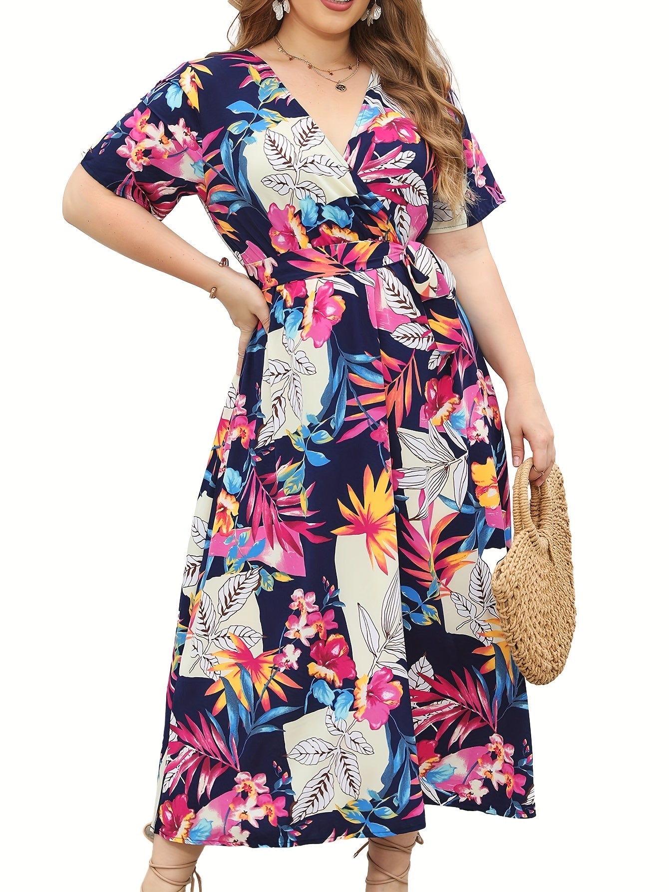  Leaf Print Short Sleeve Dress