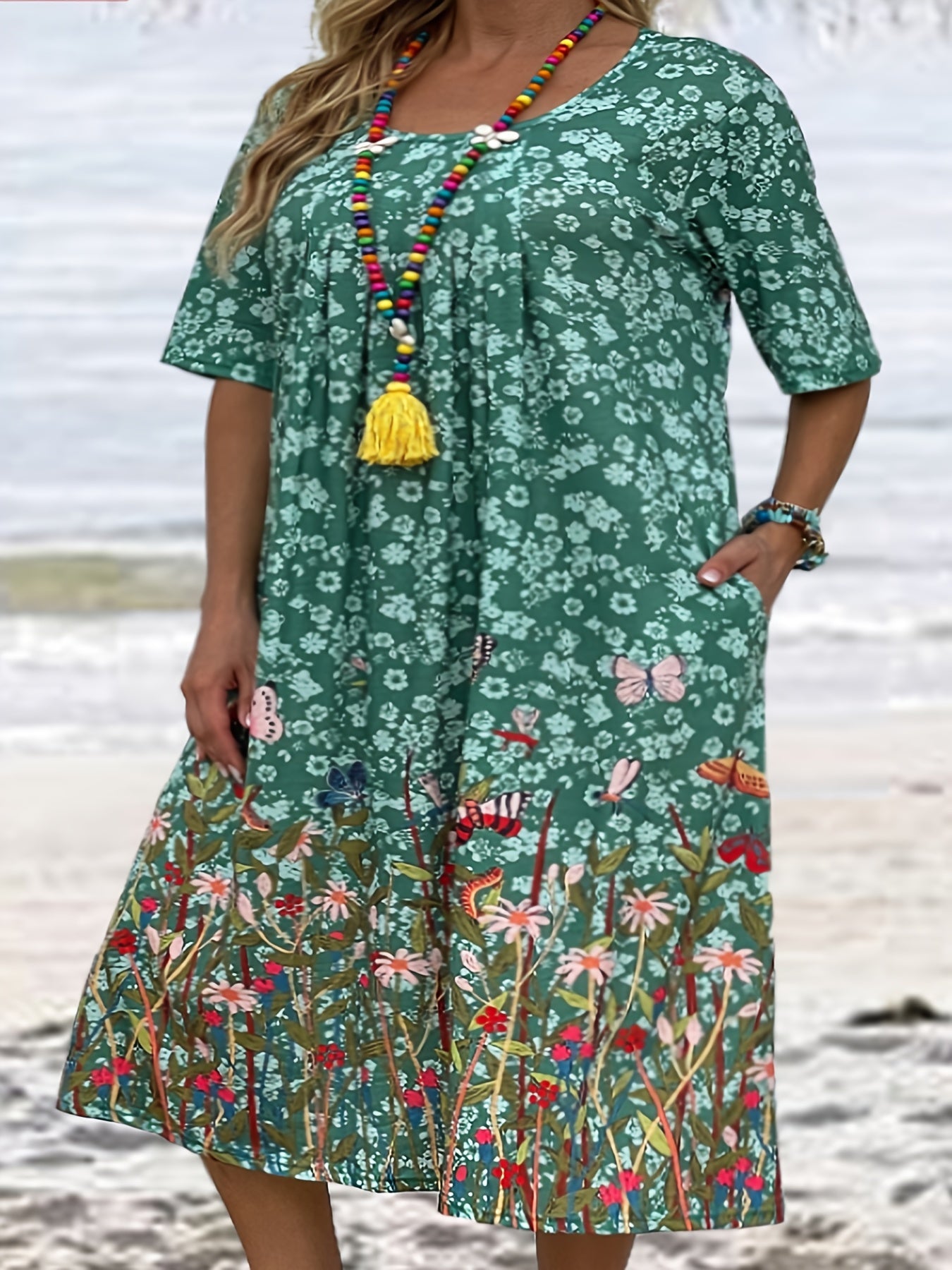  Floral & Butterfly Print Tee Dress With Pockets