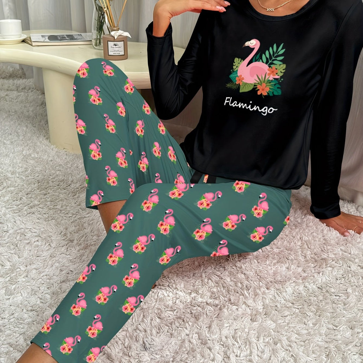 Flamingo Print Pajama Set Long Sleeve Top & Pants