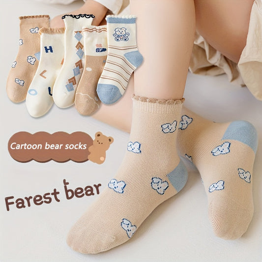 5 Pairs Girl's Knitted Crew Socks Cotton Blend Comfy Breathable Soft