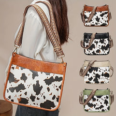 Cow Pattern Shoulder Bag Faux Leather Crossbody Bag with Vintage Strap