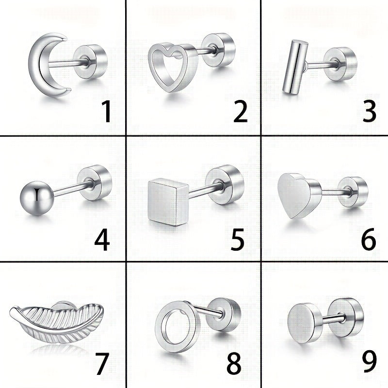 Men's Stainless Steel Stud Earrings Heart Moon Cone Leaf Ear Studs