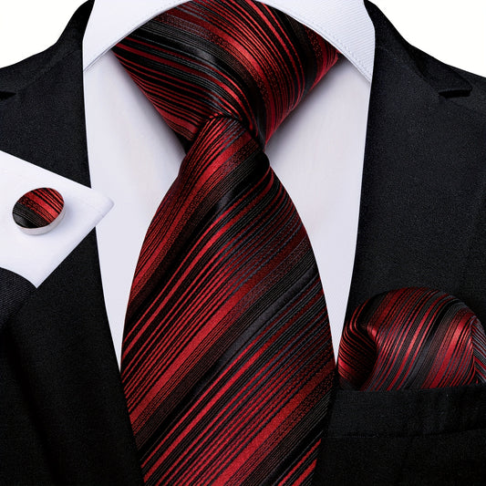 Silk Striped Necktie Red Green Tie Set for Men Wedding