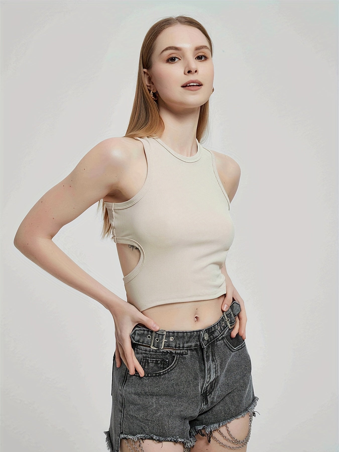 Cut Out Ribbed Crop Tank Top Y2K Sexy Sleeveless Crew Neck