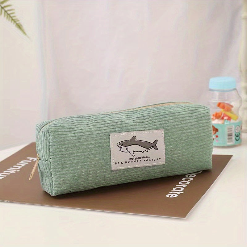 Shark Corduroy Pencil Case Large Capacity Makeup Bag
