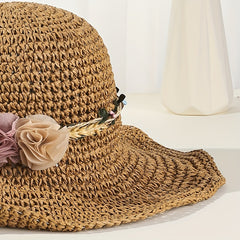Khaki Crochet Flower Sun Hat Hollow Out Breathable Straw Bucket Hat