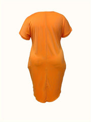  Casual Dress Solid Batwing Sleeve Round Neck Loose Fit Dress