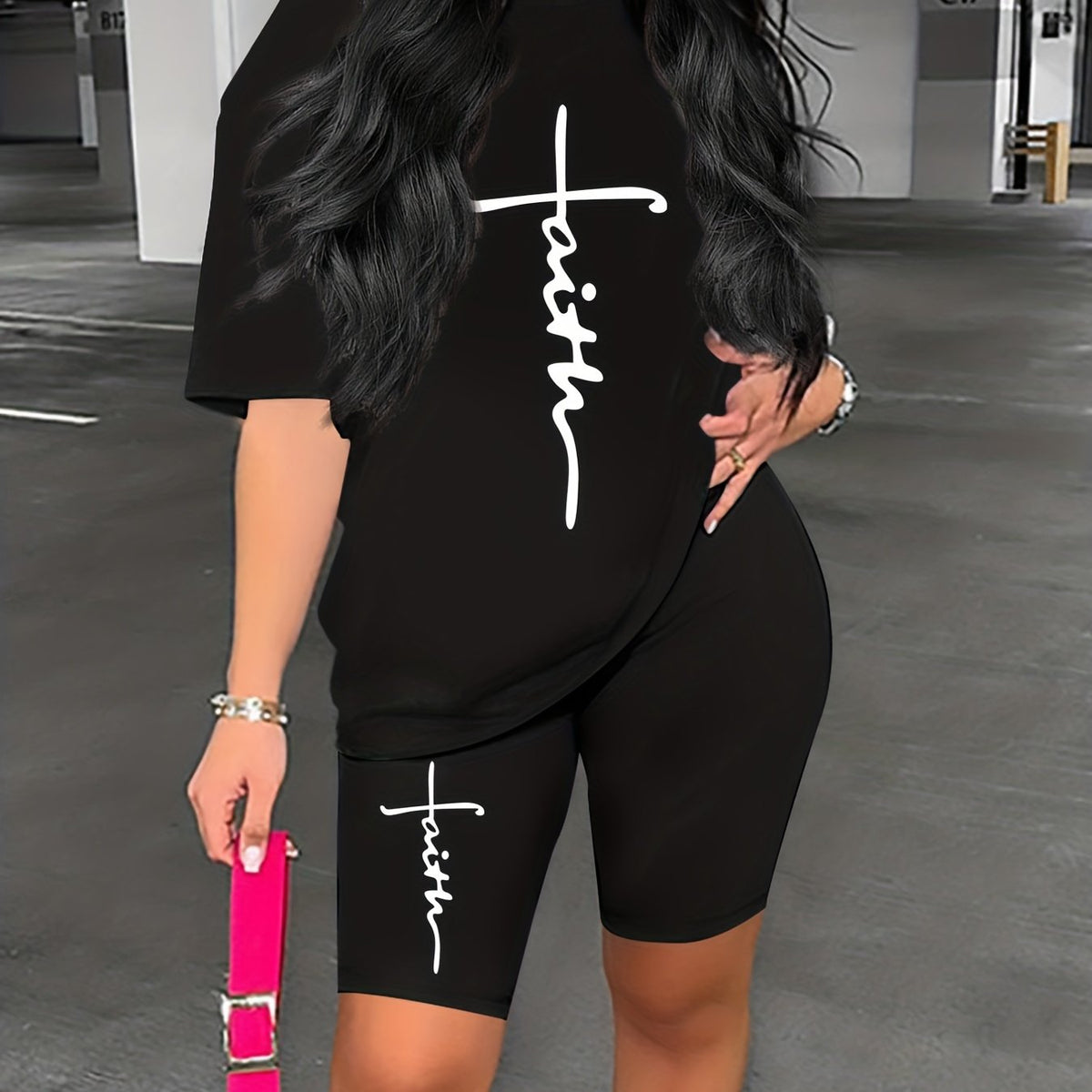 Faith Print Two Piece Set T Shirt & Shorts 2pcs Outfits For Summer Spring