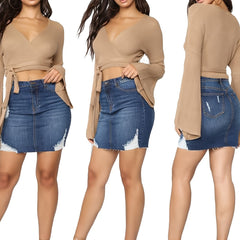 Slim Fit Ripped Holes Denim Mini Skirt