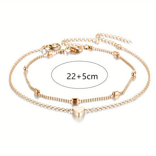 Double Layers Chain Anklet with Mini Love Heart Beads Adjustable Bracelet