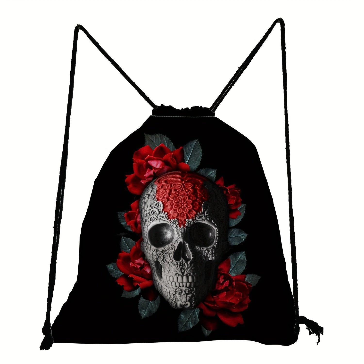 Skull & Flower Print Backpack Drawstring Sports Bag Lightweight Punk Gym Bag
