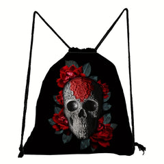 Skull & Flower Print Backpack Drawstring Sports Bag Lightweight Punk Gym Bag