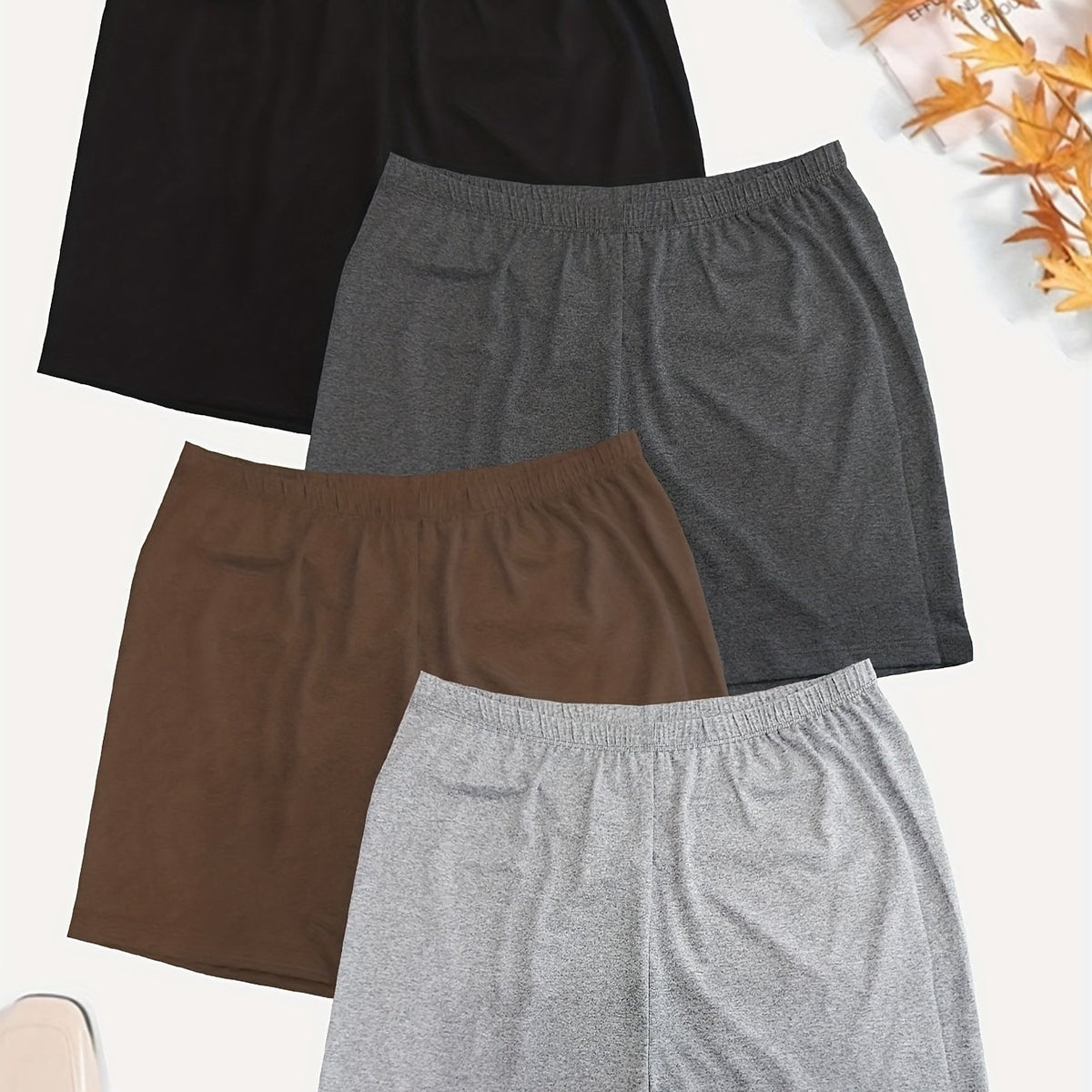 4 Pack Plus Size Sports Shorts Set Women's Plus Solid High Rise Shorts