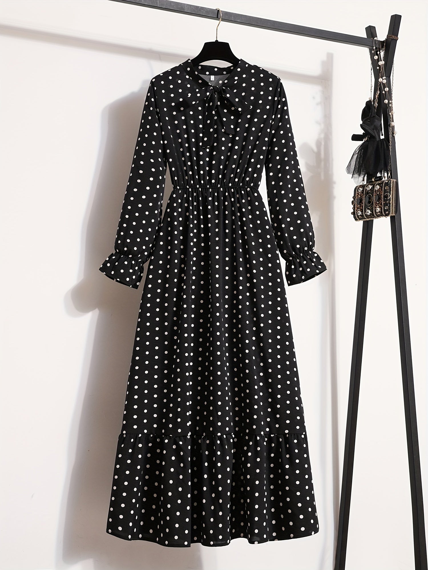 Pin Dot Print Dress Vintage Tie Neck Long Sleeve A Line Dress