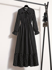 Pin Dot Print Dress Vintage Tie Neck Long Sleeve A Line Dress