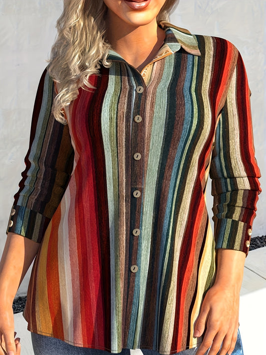  Colorful Stripe Print Button Up Shirt Top