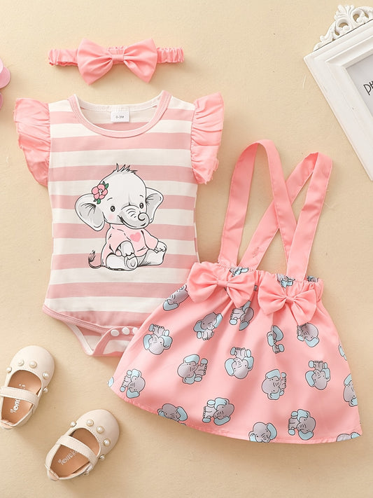 3pcs Newborn Infant Ruffled Sleeves Romper & Elephant Print Suspender Skirt Set