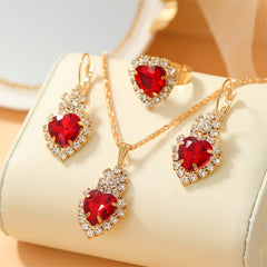 Heart Shape Pendant Jewelry Set Rhinestone Crystal Necklace Earrings Ring