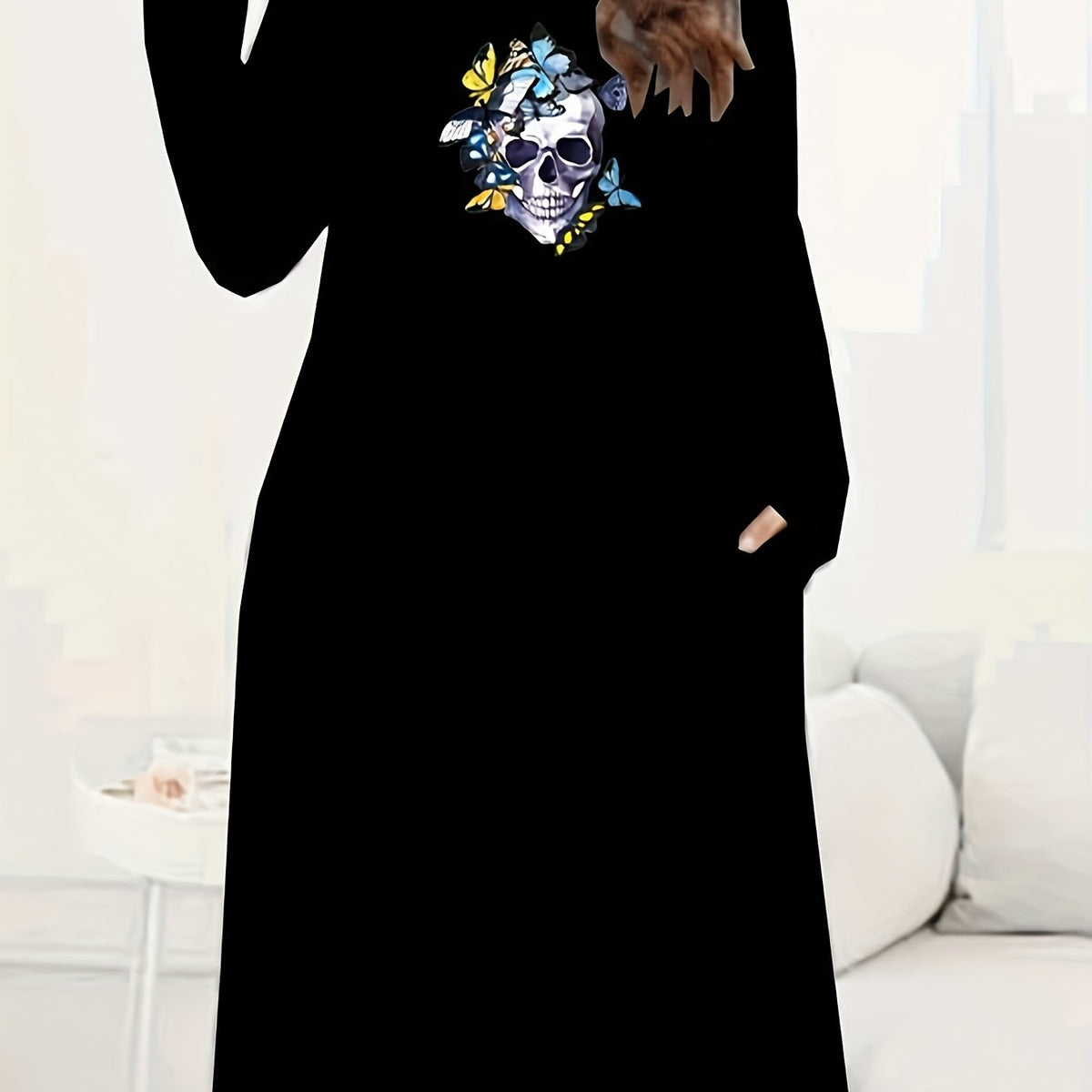 Women's Plus Skull & Butterfly Print Long Sleeve Round Neck Tee Dress