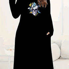 Women's Plus Skull & Butterfly Print Long Sleeve Round Neck Tee Dress