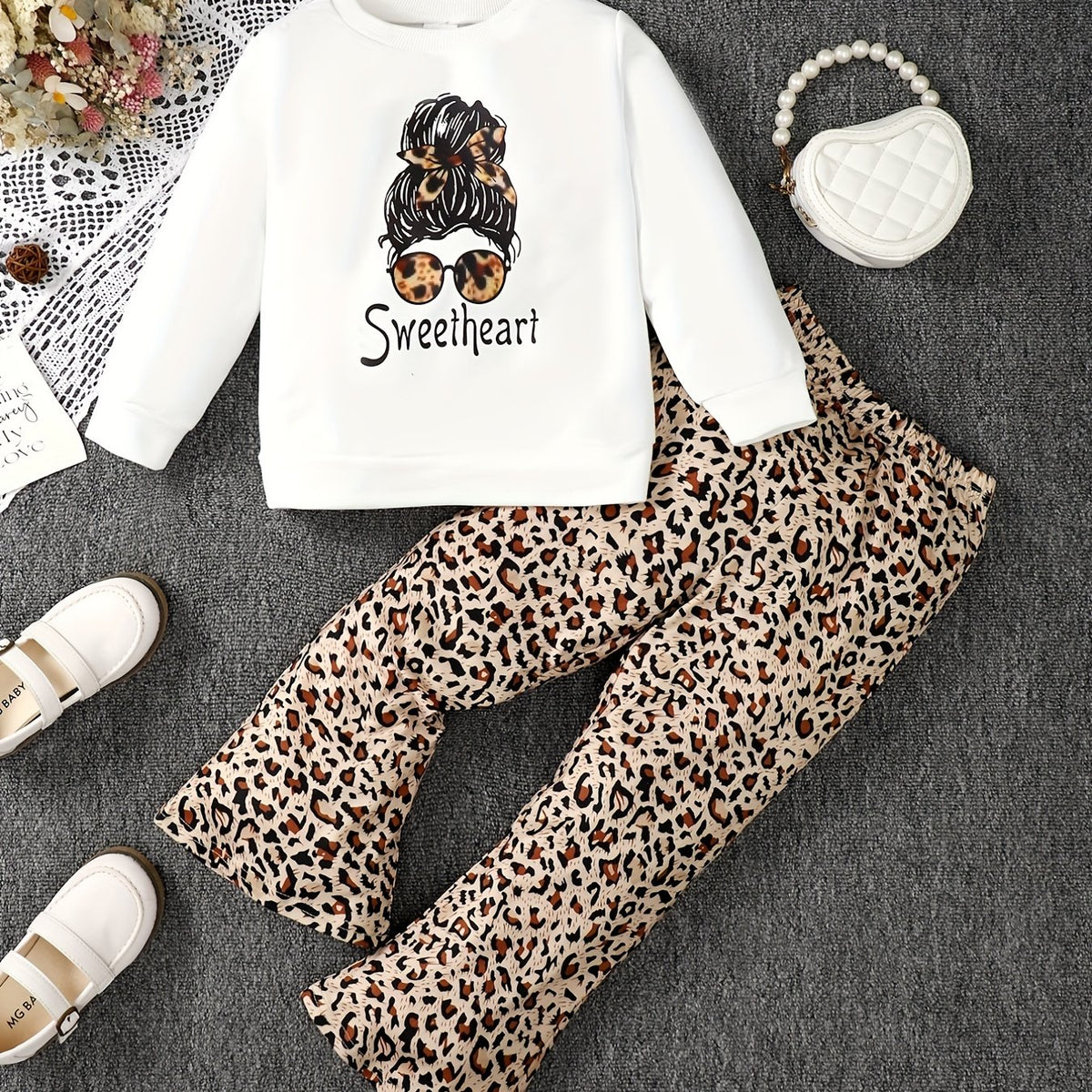 Girl's Leopard Outfit Sweatshirt & Flared Pants Set for Spring Fall