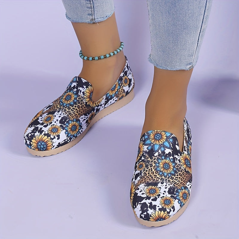 Women's Sunflower Print Flat Shoes Round Toe Slip On Shoes