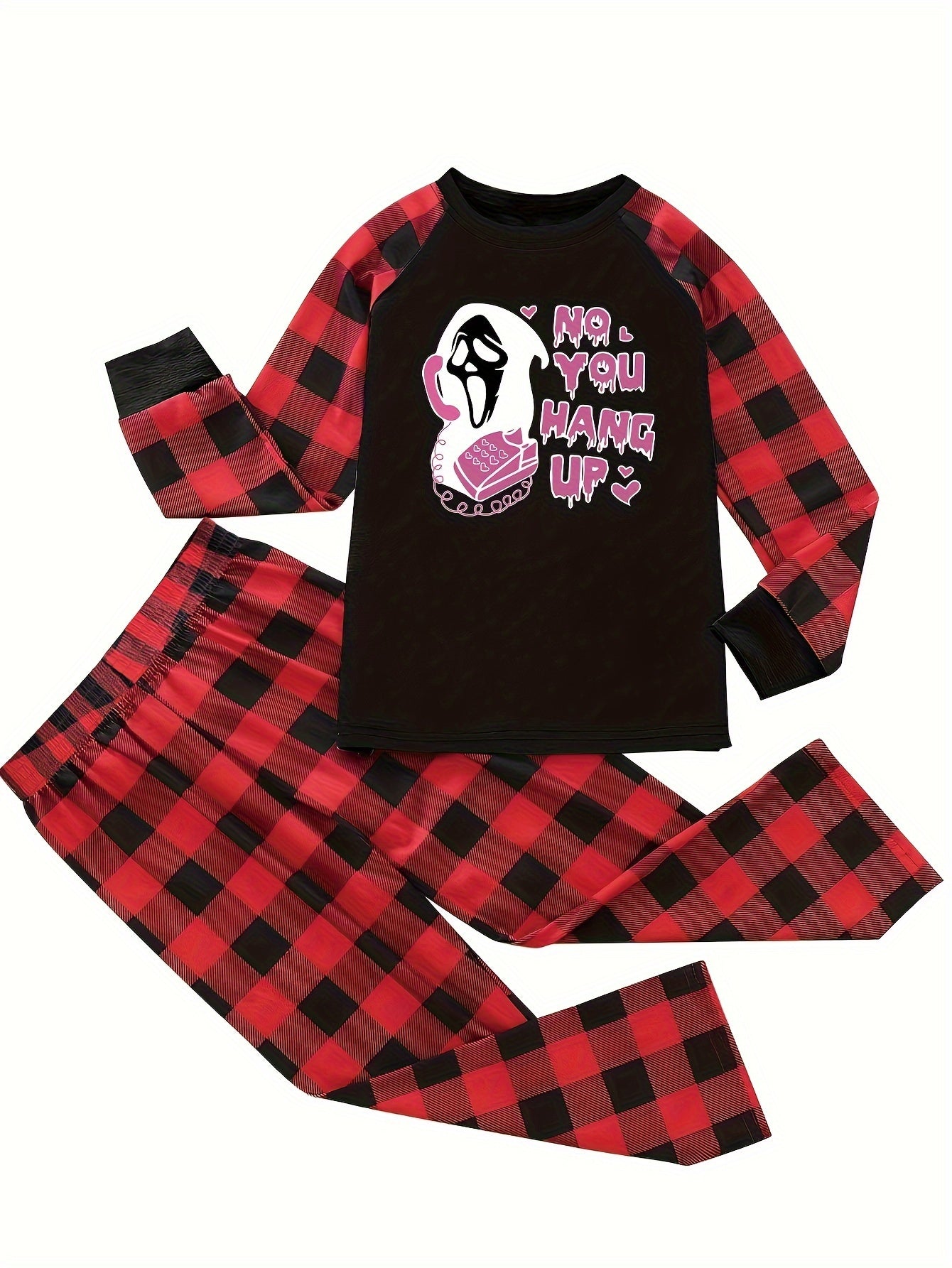  Halloween Pajama Set Women's Ghost & Plaid Tee & Pants Lounge Set