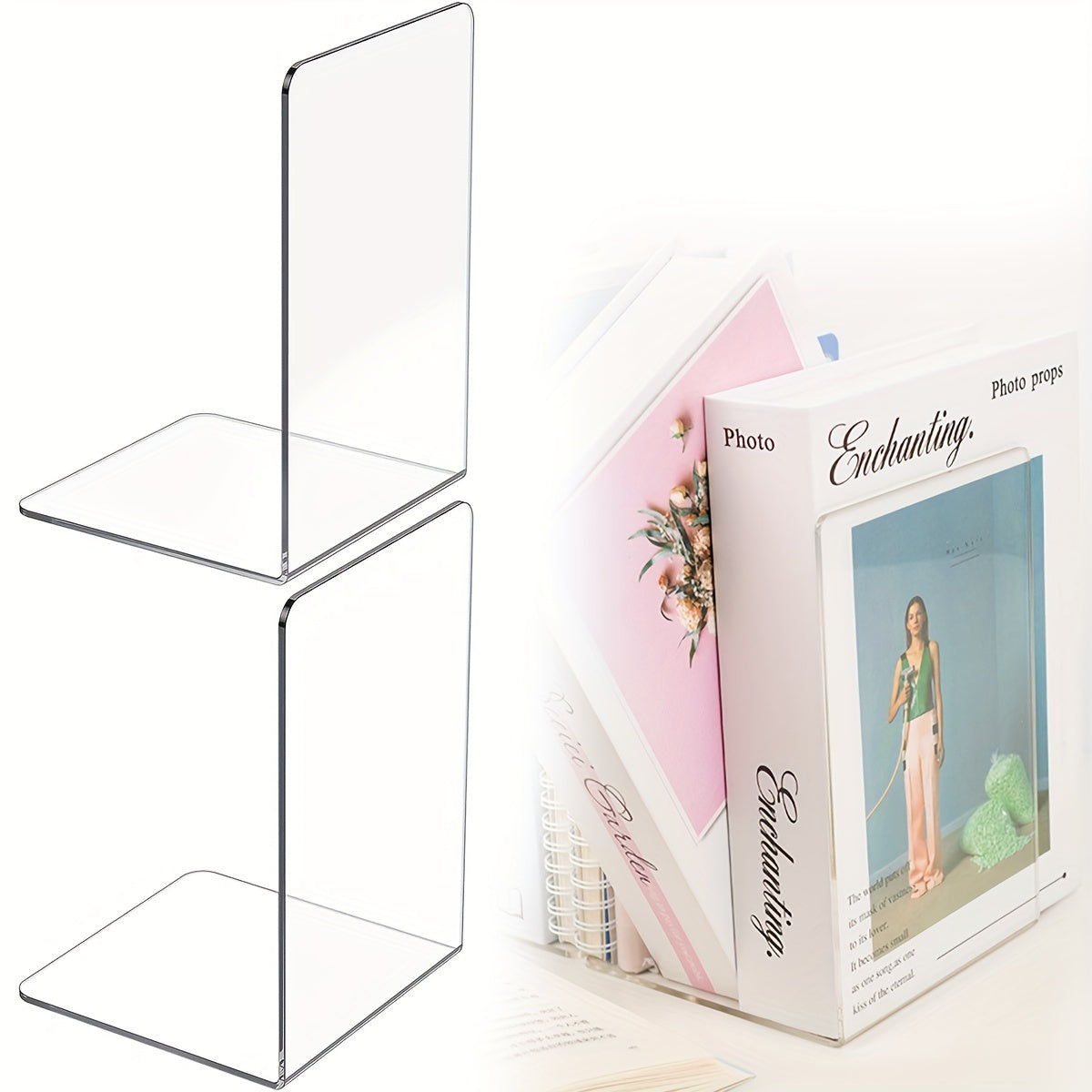 2pcs Acrylic Bookends Transparent L-shaped Removable Desktop Book Storage