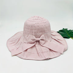 Striped Bucket Hat Wide Brim Bowknot Decor UV Protection Travel Beach Hat