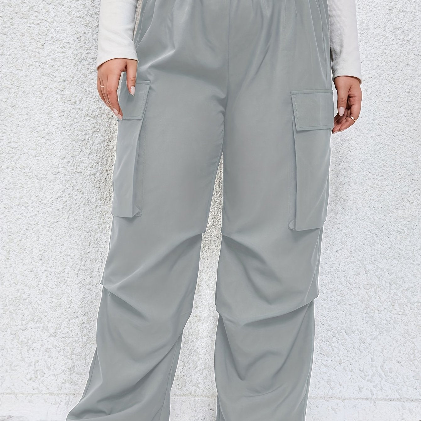  Solid High Rise Wide Leg Cargo Pants