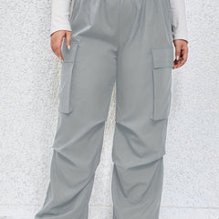  Solid High Rise Wide Leg Cargo Pants