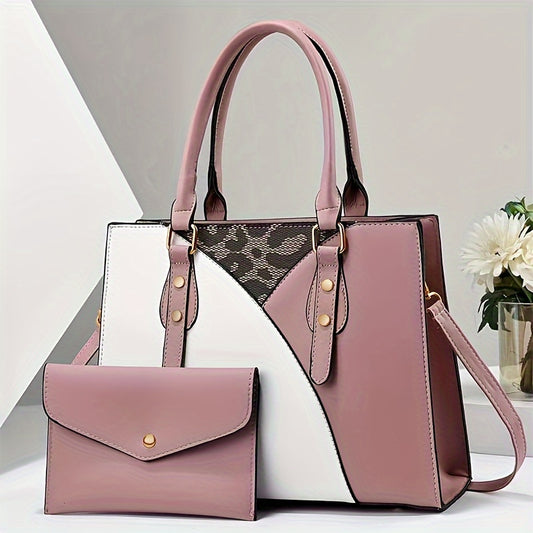 Colorblock Women's Tote Bag Set With Envelope Clutch